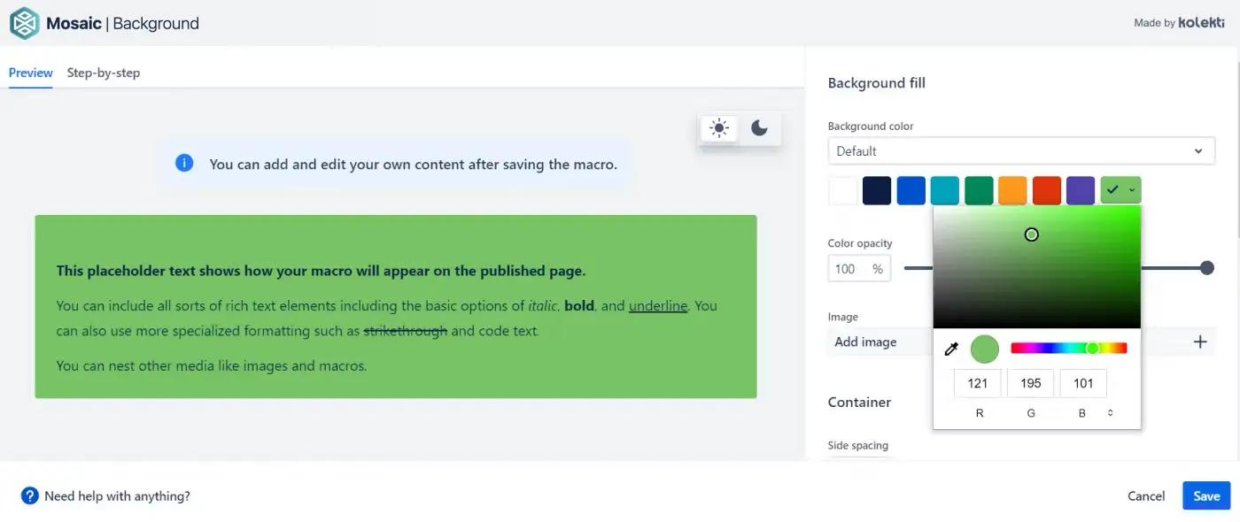 The custom colour picker in the Confluence Background macro editor