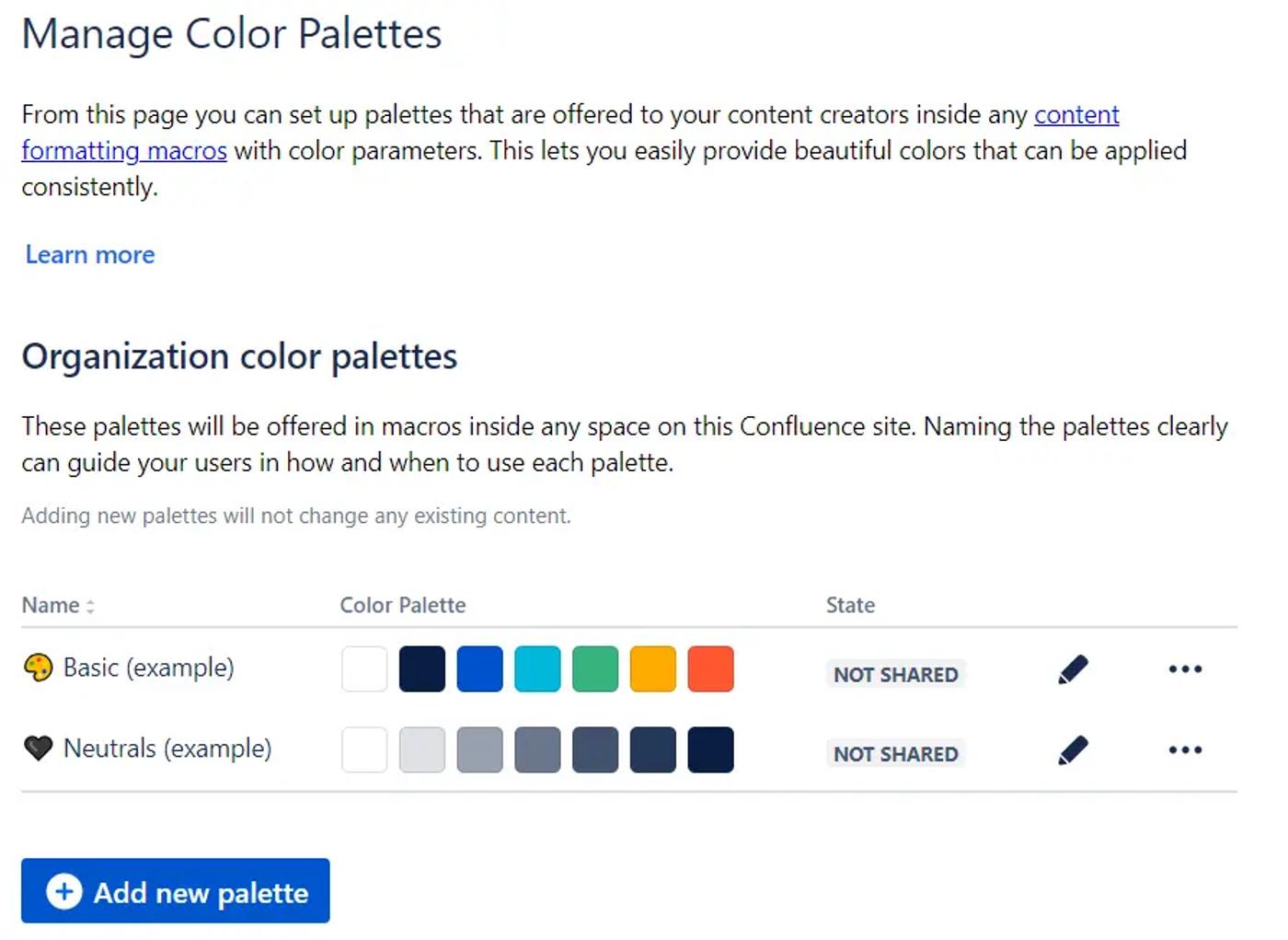 A screenshot of the colour palette management page in Confluence admin settings