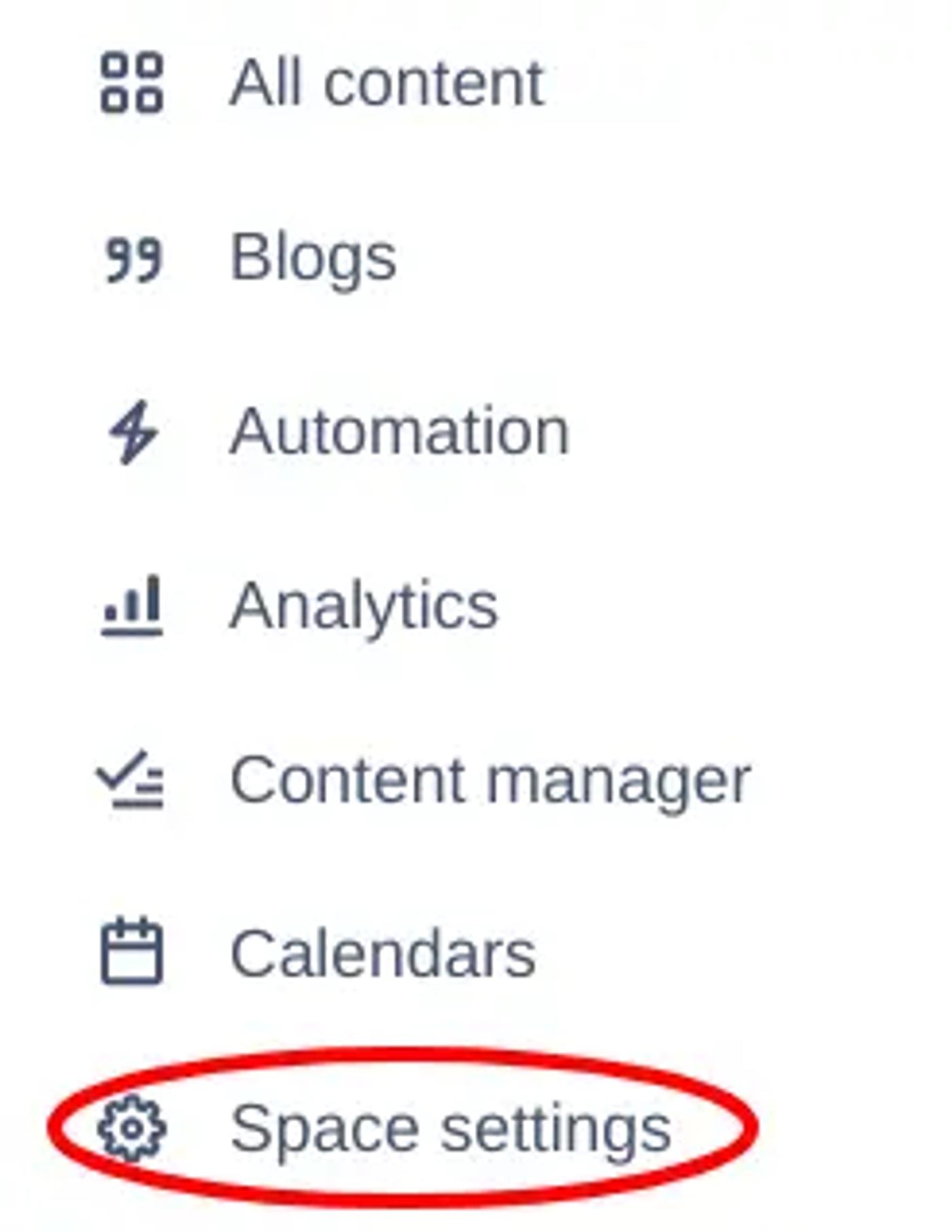 The Confluence sidebar with ‘Space settings’ circled