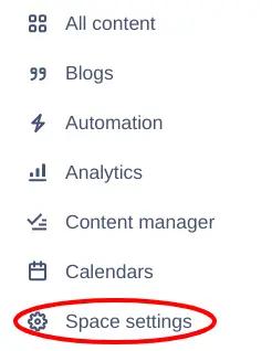 The Confluence sidebar with ‘Space settings’ circled