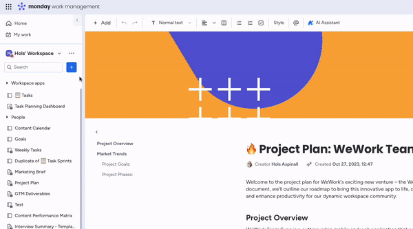 A gif showing how to create a new document in monday.com