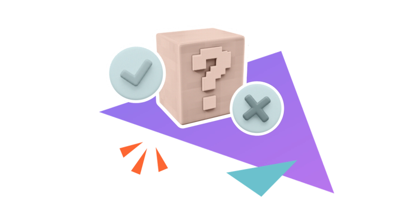 Check and cross icons sit beside a wooden block that has a question mark