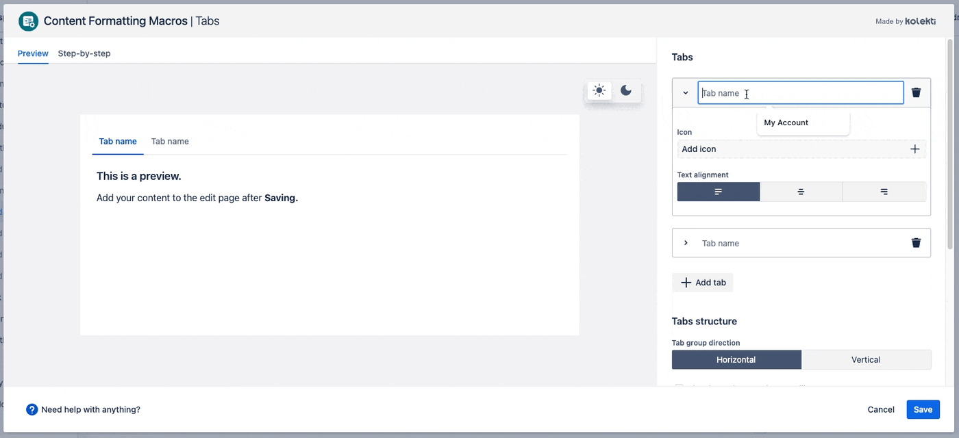 A gif of a user creating tabs in Confluence Cloud