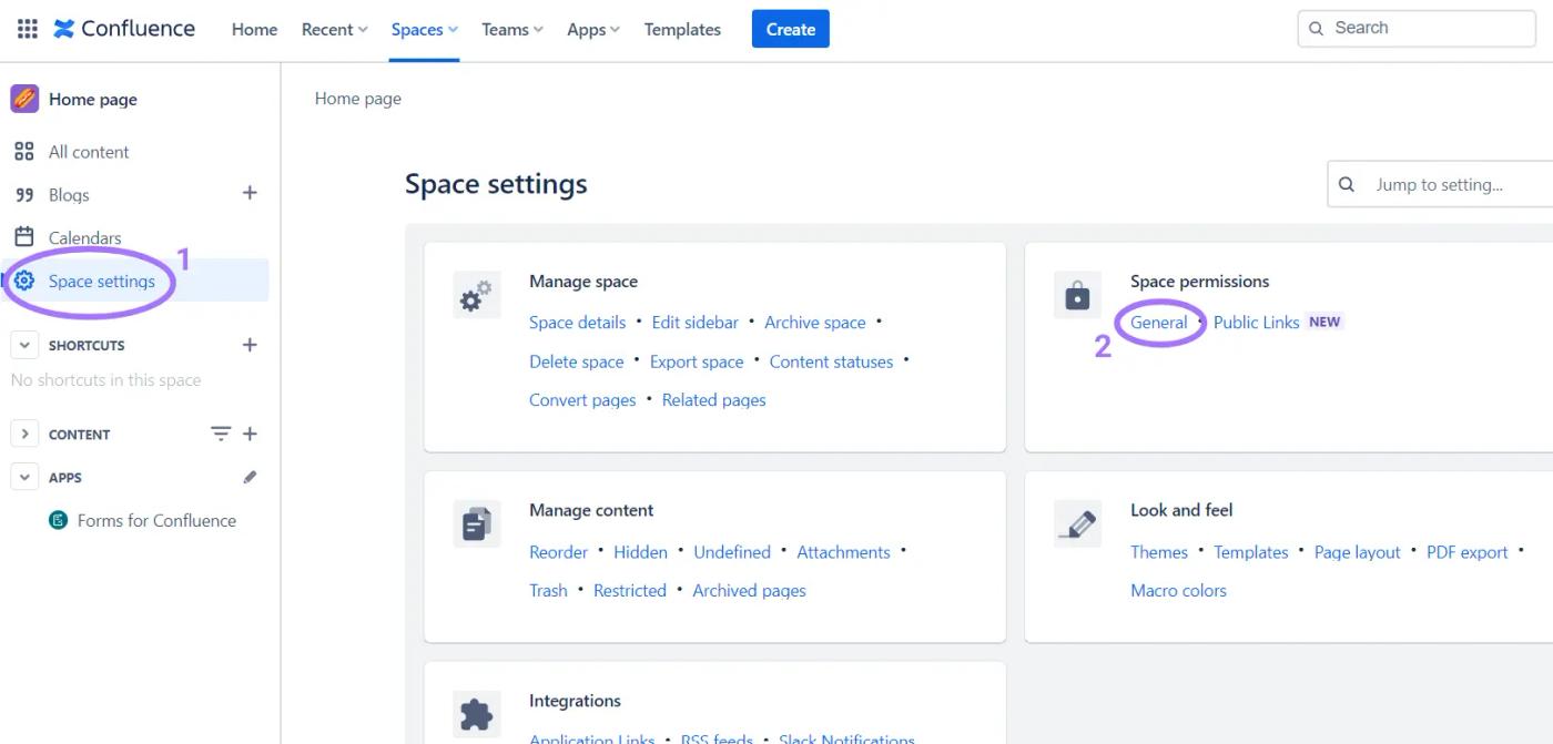 A screenshot showing the Space settings area in Confluence