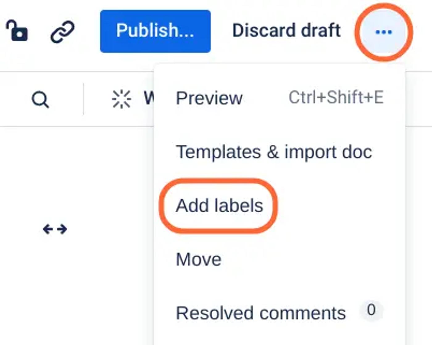 The Confluence ‘More actions’ menu with the ‘Add labels’ option circled