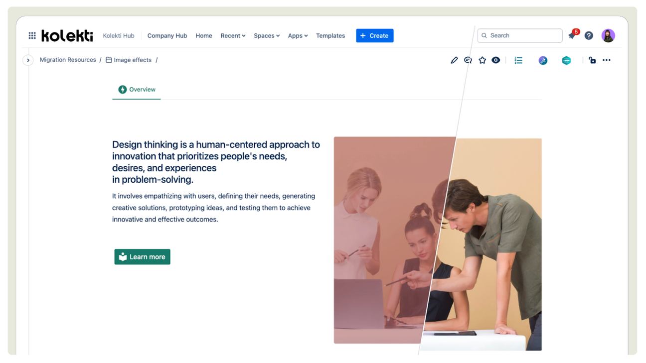 A before-and-after comparison of an image with and without a red colour overlay on a Confluence page