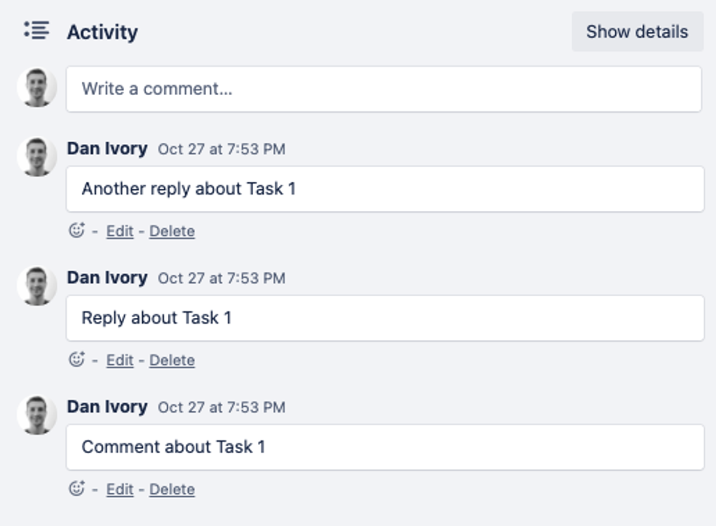 A screenshot of comments on a Trello card