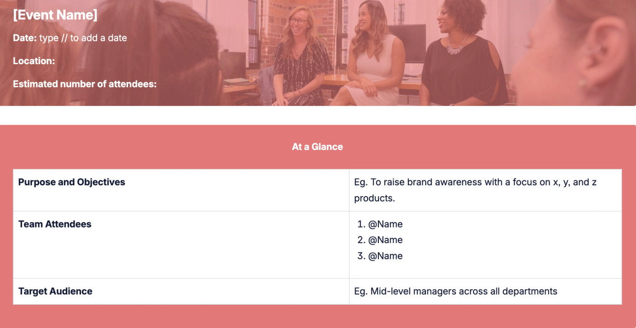 The Event Overview part of the Event Planning Template for Confluence.