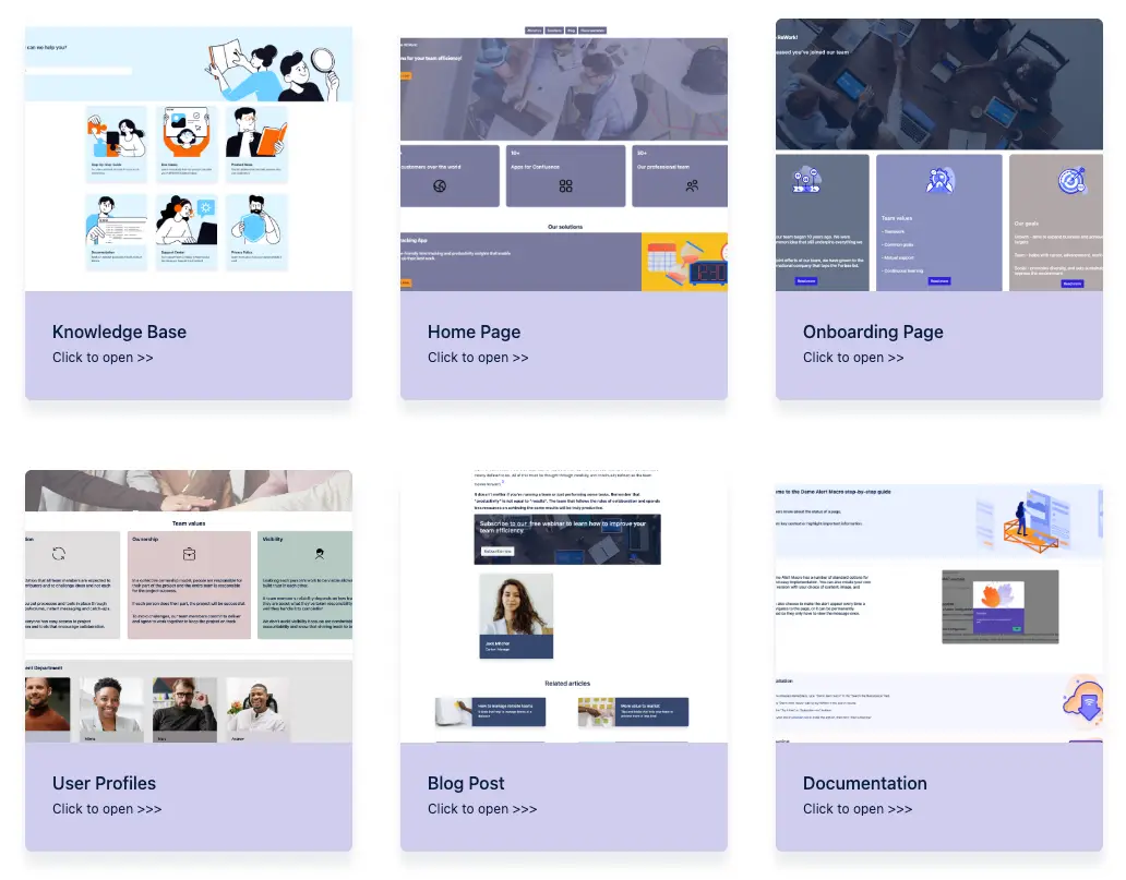 Visual cards with images of different Confluence page templates