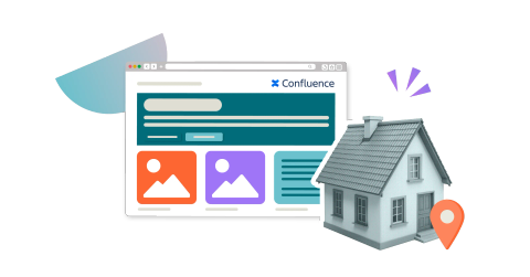 A colourful collage-style graphic of a Confluence page, a house, and a location pin icon.
