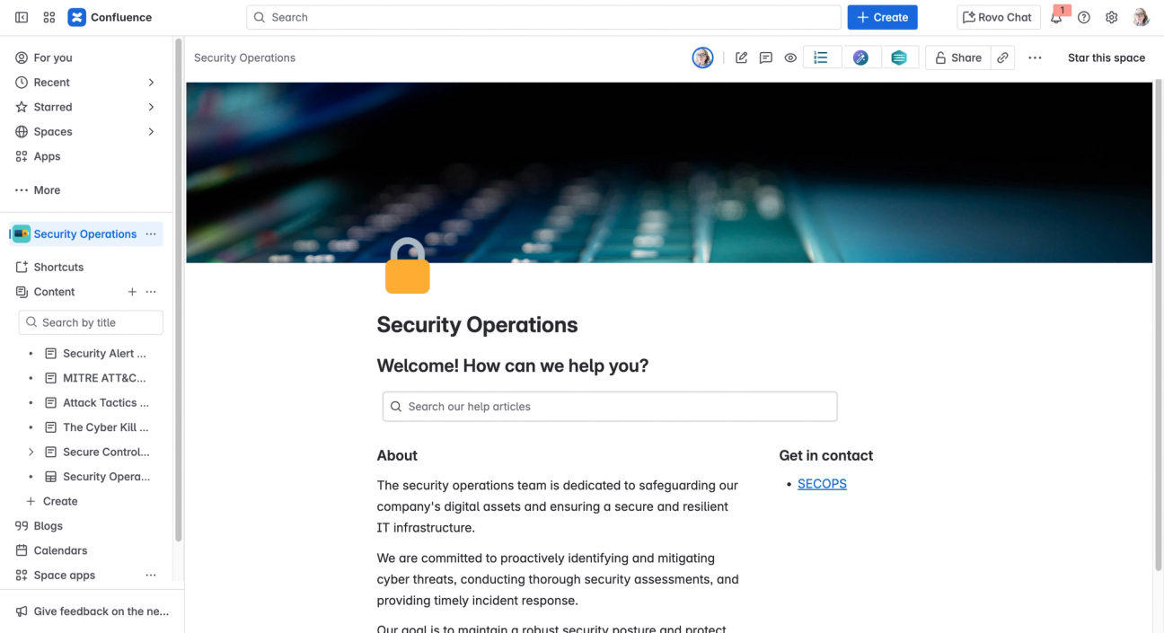 A Confluence space showing a homepage and various pages in the page tree sidebar