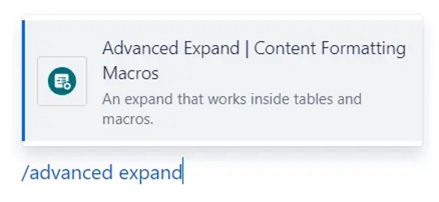 A dropdown showing the Advanced Expand macro on a Confluence page