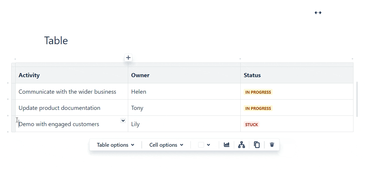 GIF showing a user adding new rows to a Confluence table using the plus button