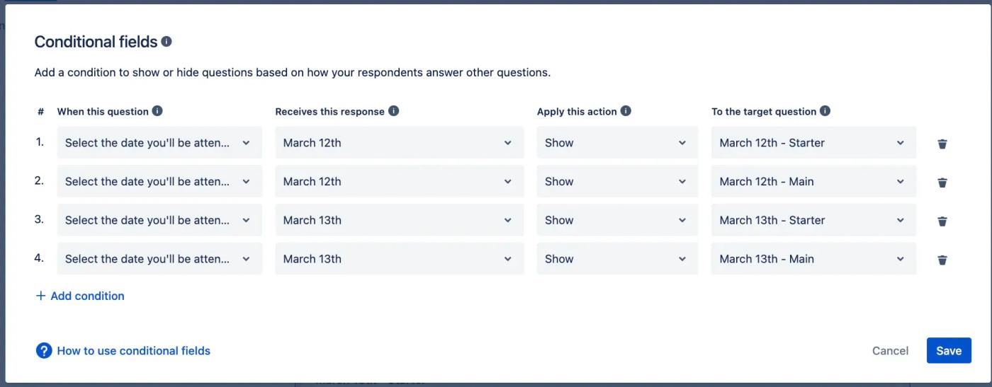 The Forms for Confluence Conditional fields editor with four conditional fields added