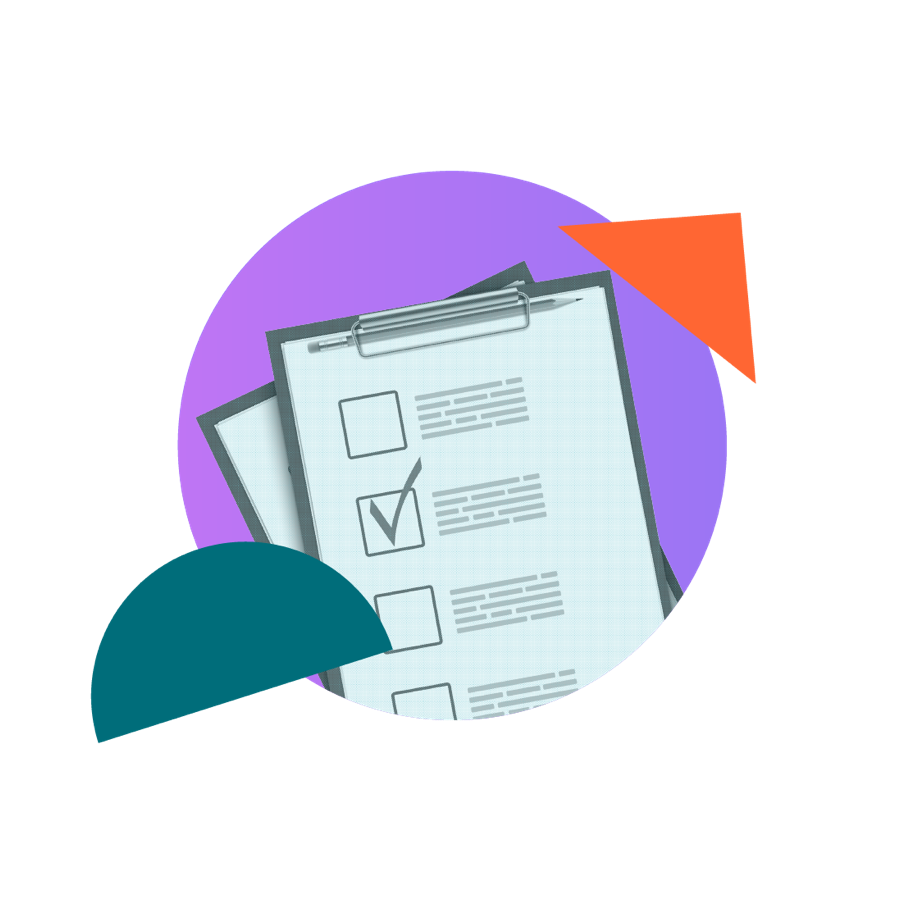 An illustration of two clipboards in a purple circle