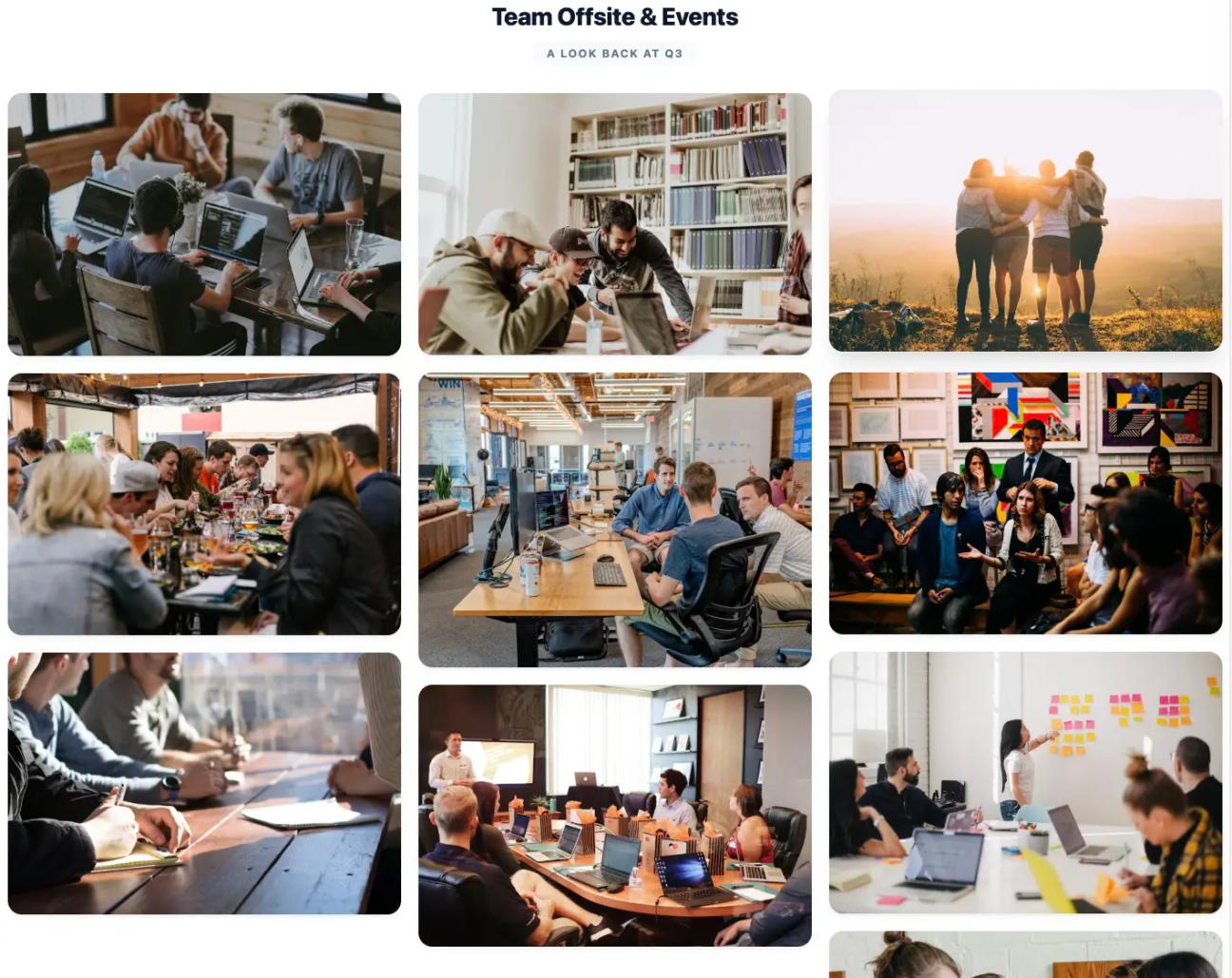 A masonry image gallery, displaying 9 images stacked together, made with an HTML macro from Mosaic in Confluence.
