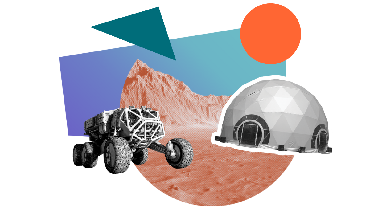 A mars rover and a space base surrounded by colourful cut-out shapes