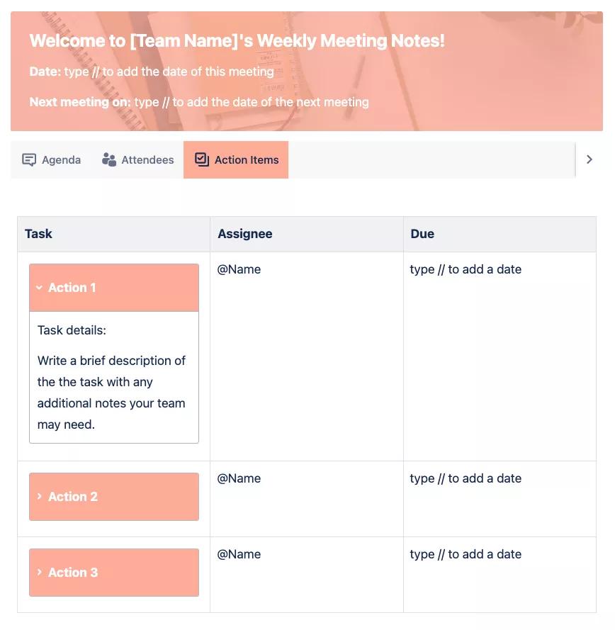 A screenshot of the full Weekly Meeting Notes template showing three tabs, titled 'agenda,' 'attendees,' and 'action items'