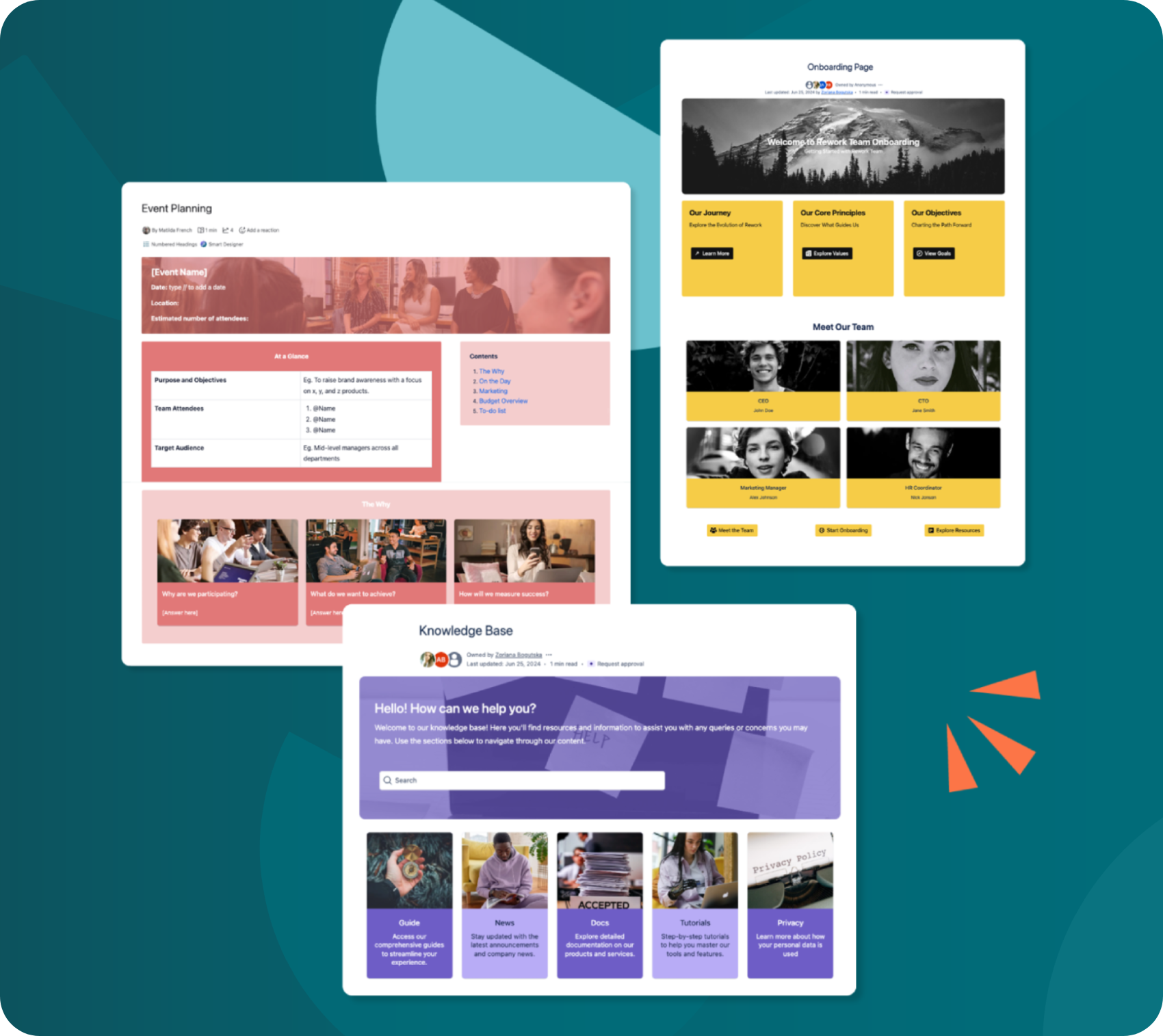 Three screenshots of colourful Confluence Cloud templates