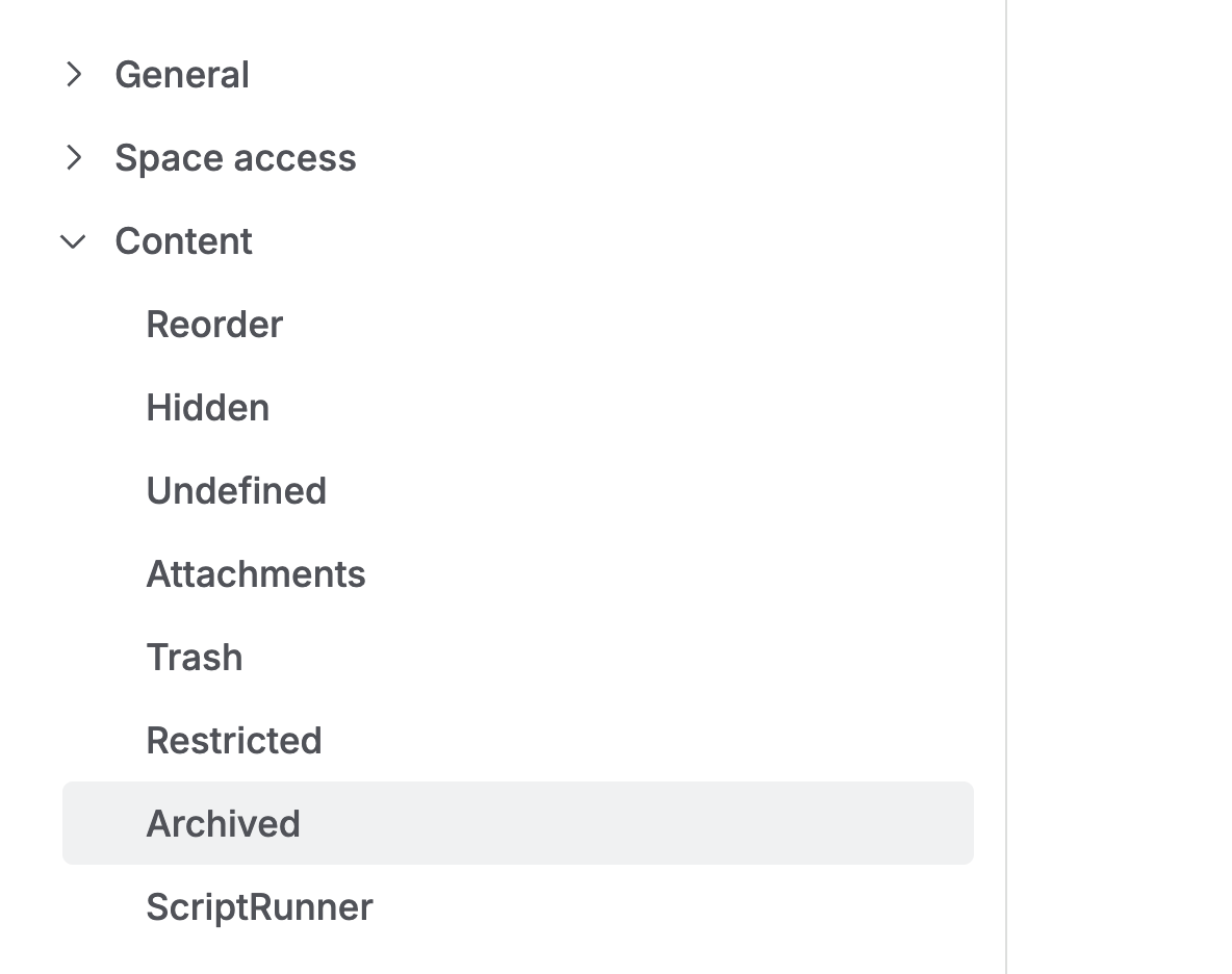 The Confluence space settings sidebar with the “Archived” section highlighted