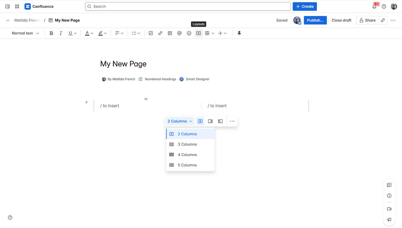 A screenshot of a Confluence page with a 2-column layout macro embedded