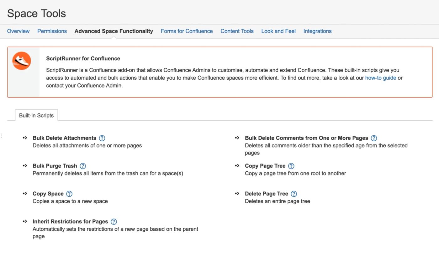 The Space Tools section of ScriptRunner with a list of built-in Confluence scripts