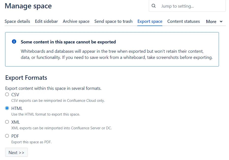 The Confluence Export screen with the HTML format selected