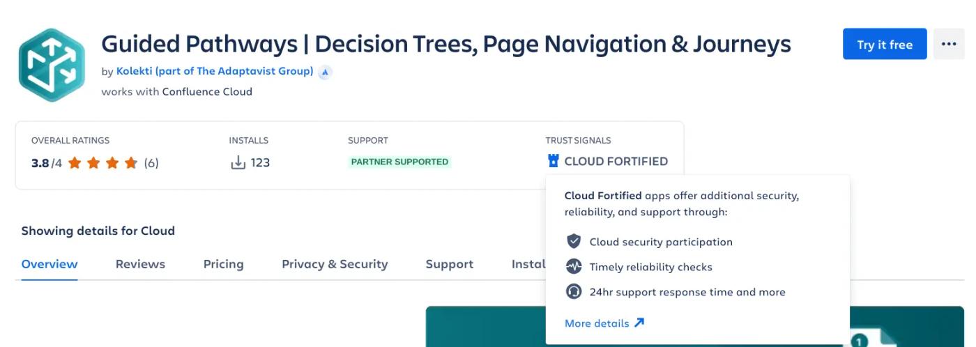 The Guided Pathways Atlassian Marketplace page with the Cloud Fortified badge highlighted