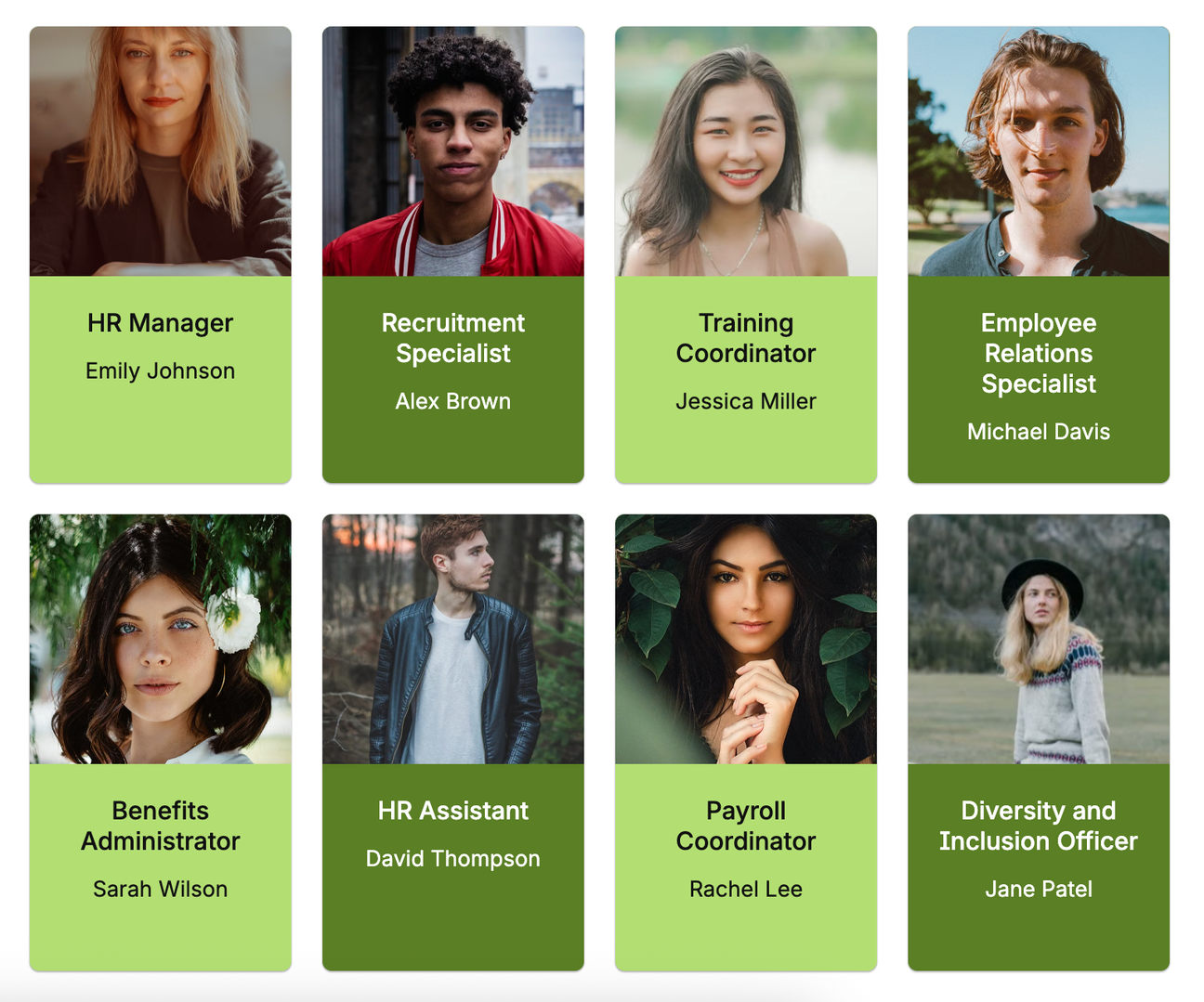 Cards showing employee photos and their job roles on a Confluence user profiles page