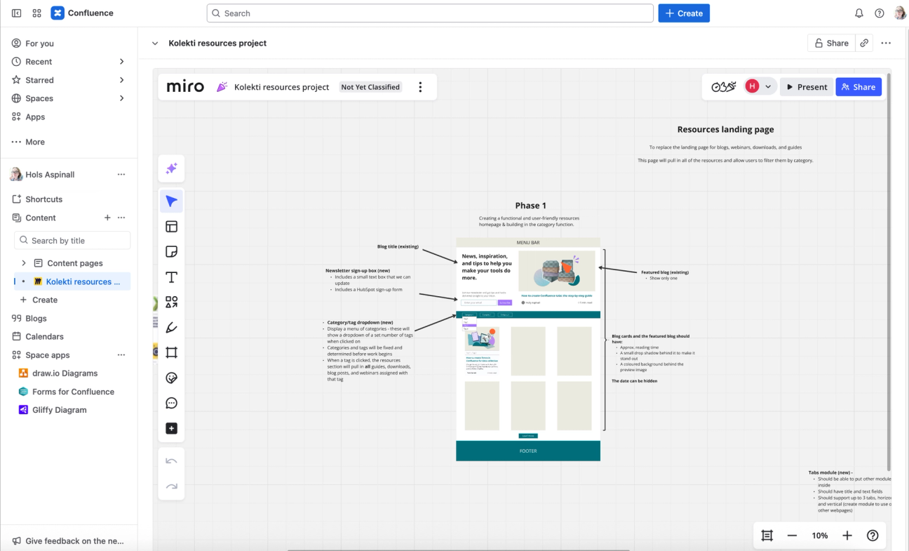 A screenshot of a Confluence space with a Miro board shown in place of a page