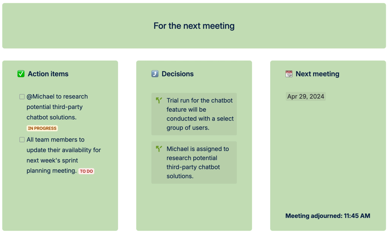 A screenshot of the last part of the Meeting Notes Template for Confluence, titled "For the next meeting" and showing three segments labelled "Action items," "Decisions," and "Next Meeting"