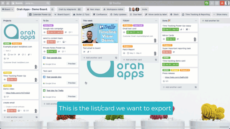 A gif showing how to select which list to export from Trello with Board Export