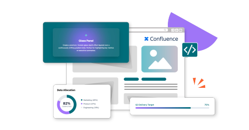 A colourful, collage-style image of some example creations with the HTML macro on a Confluence page, including a delivery progress bar and a doughnut chart