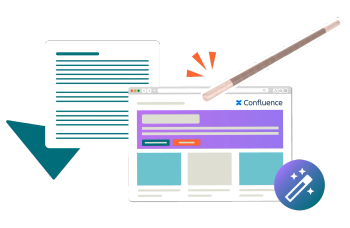 A wall of text beside a Confluence page formatted with colourful sections and buttons. A magic wand hovers over the Confluence page.