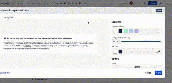A GIF of a user adding a coloured background to Confluence using the Background macro editor