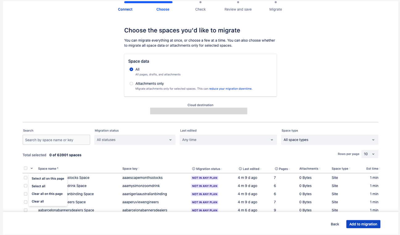 Screenshot of the Confluence Cloud Migration Assistant showing a list of spaces to migrate
