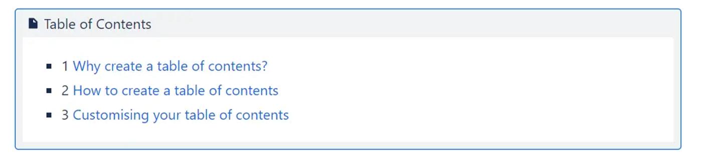 A screenshot of a table of contents in Confluence with both numbers and bullet points