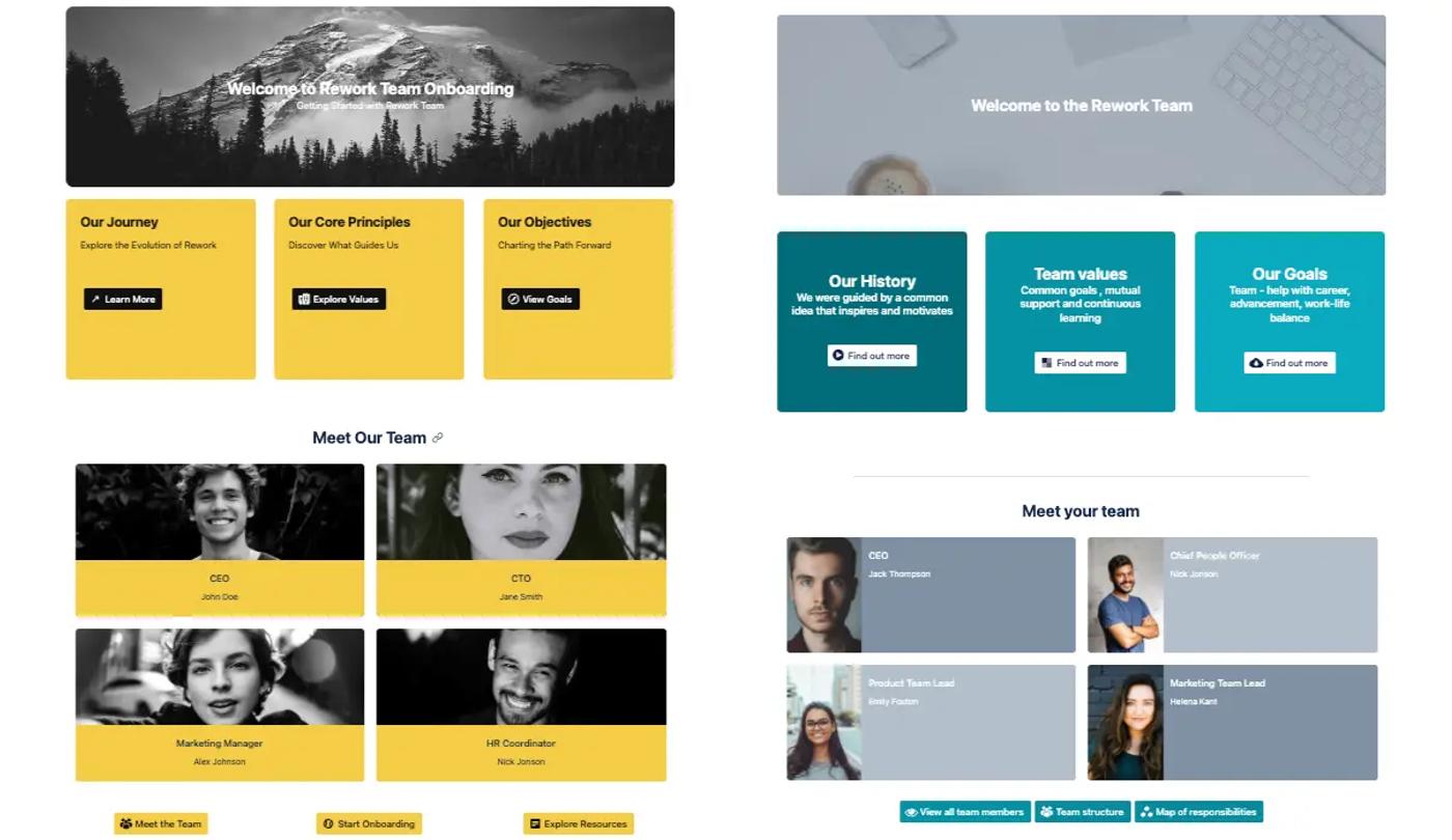 Two Confluence onboarding page templates side-by-side