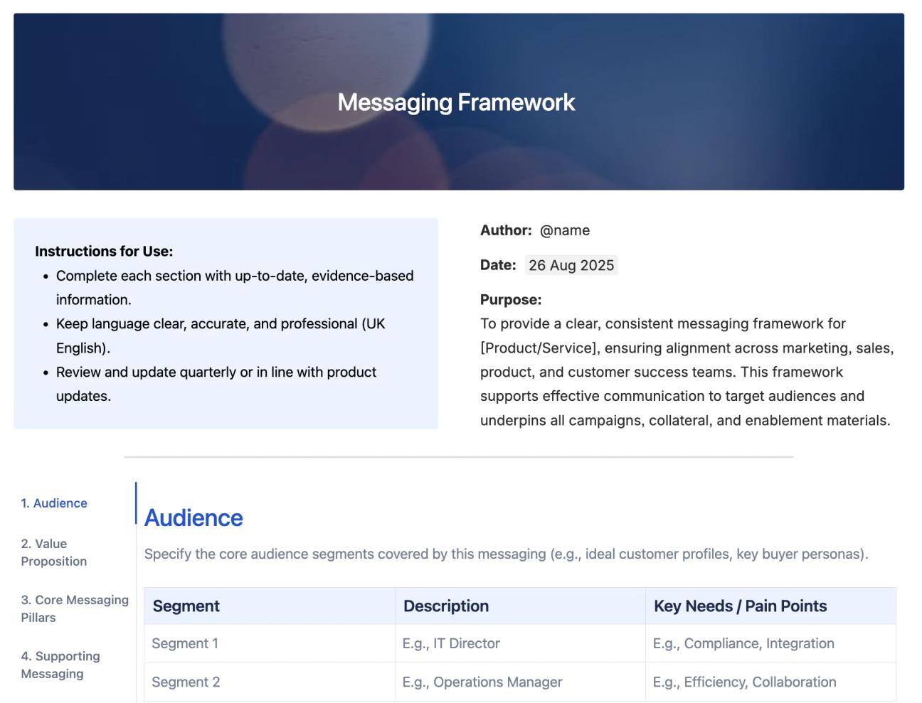 The top half of Mosaic's messaging framework for Confluence, showing the heading in a blue background, instructions for use, an overview of the page, and some of the tabs, with the 'Audience' tab open.
