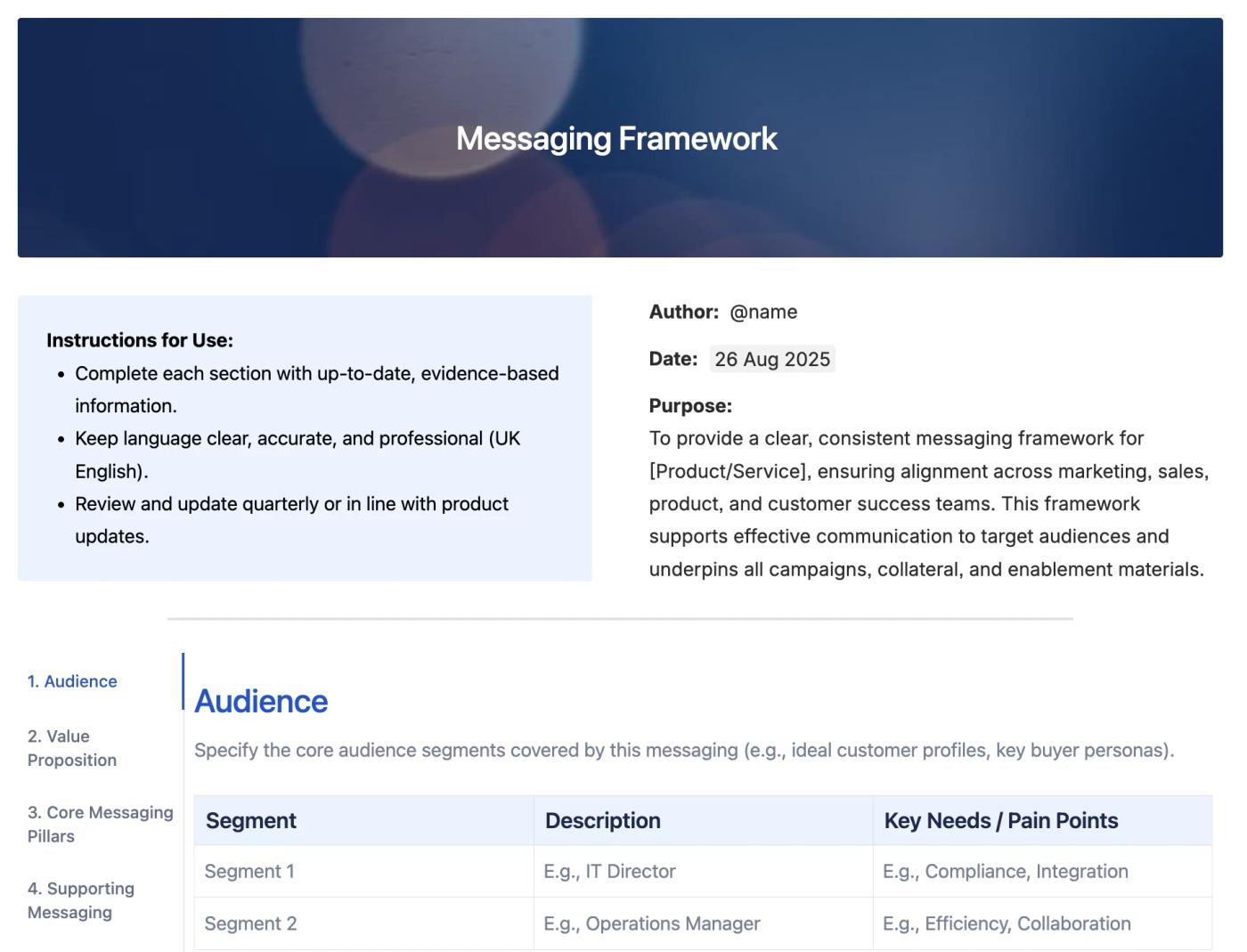 The top half of Mosaic's messaging framework for Confluence, showing the heading in a blue background, instructions for use, an overview of the page, and some of the tabs, with the 'Audience' tab open.
