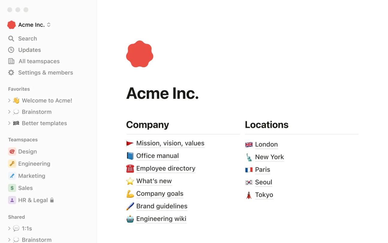 A Notion knowledge base showing visual links to various company pages