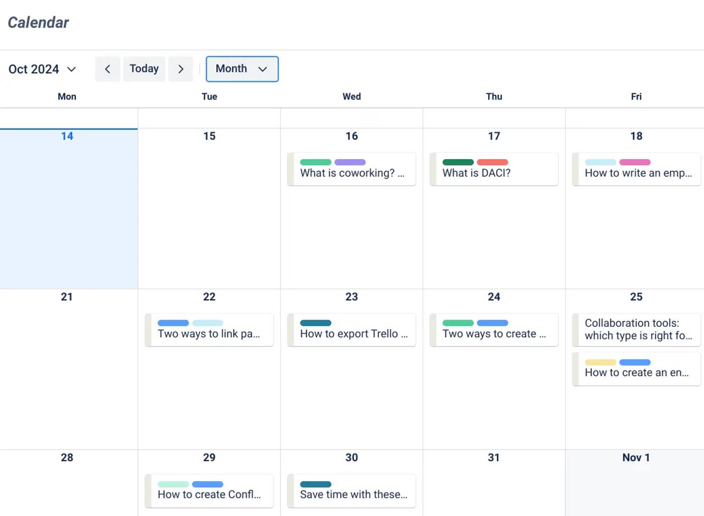 A Trello content calendar using the calendar view