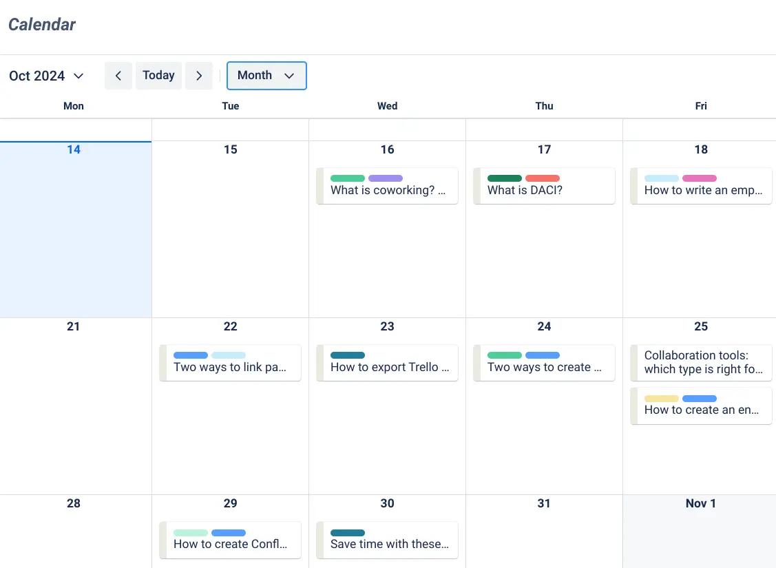 A Trello content calendar using the calendar view