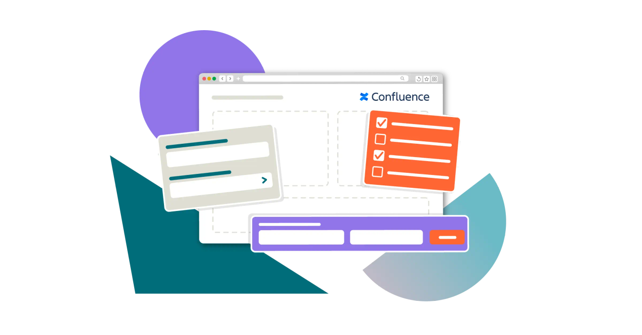 Different form elements, such as checkboxes and dropdown questions, being slotted into a Confluence page