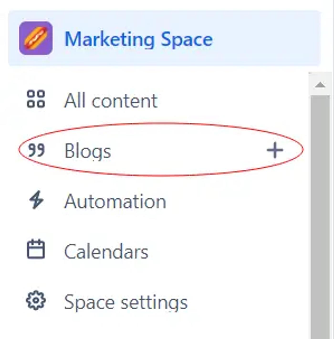 A screenshot of the Blogs button in the Confluence Marketing Space side menu