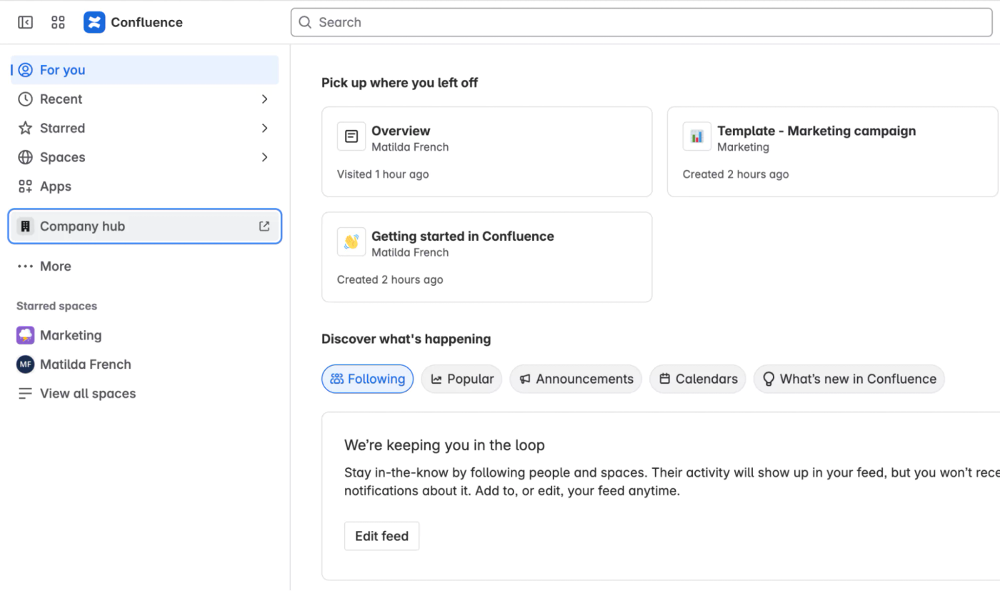 A Confluence dashboard with the Company hub button selected in the sidebar
