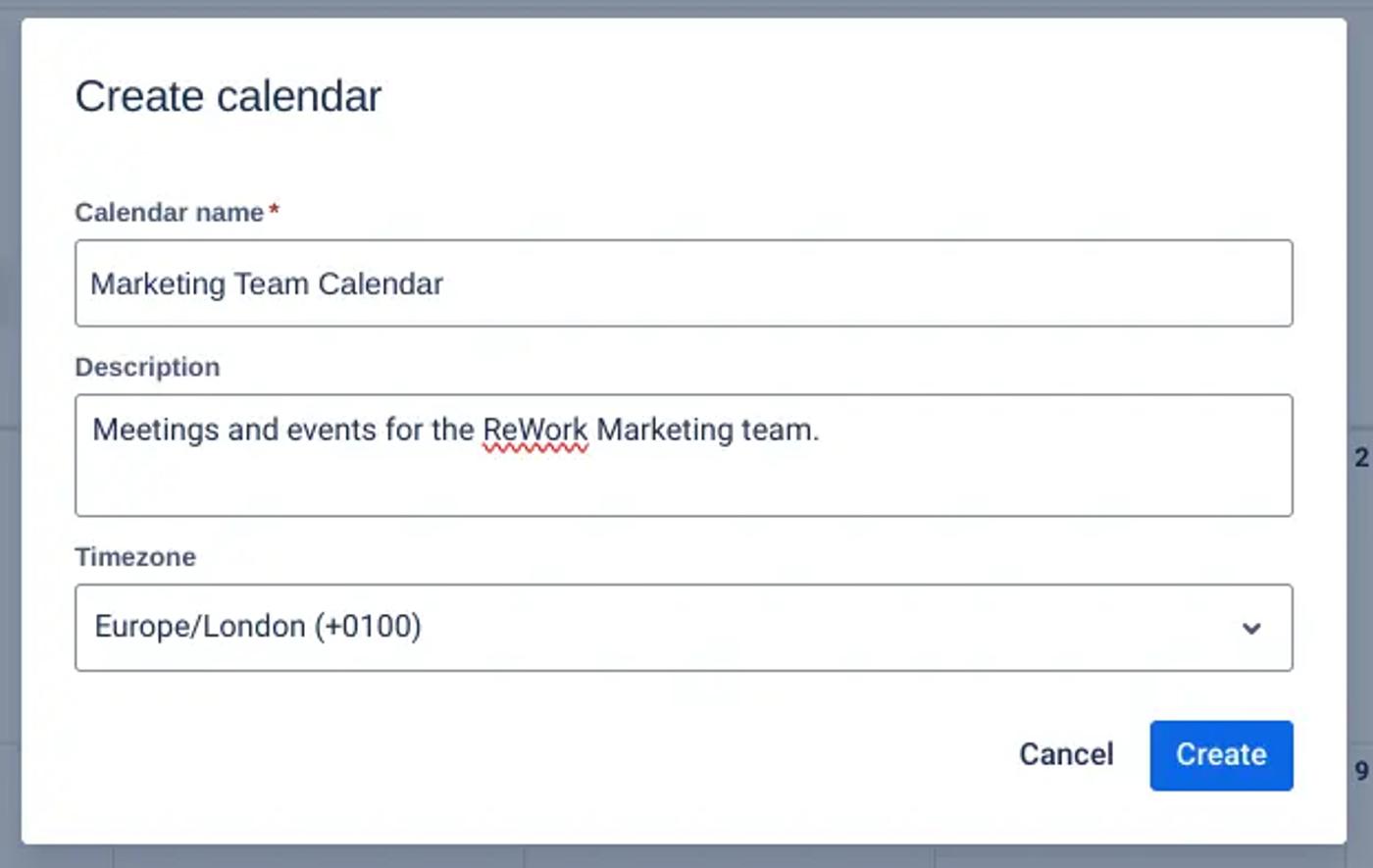 The ‘Create calendar’ pop-up with calendar details filled in