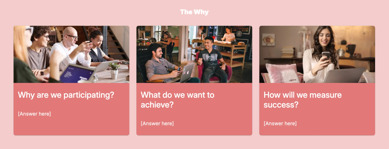 The "Why?" part of the Event Planning Template with colourful backgrounds and imagery.