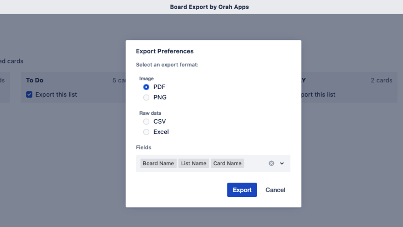 A screenshot showing the filetype options when exporting a Trello board