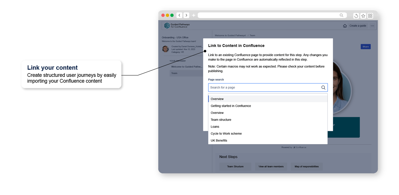 A Guided Pathways for Confluence page with a drop-down menu letting users embed existing Confluence content
